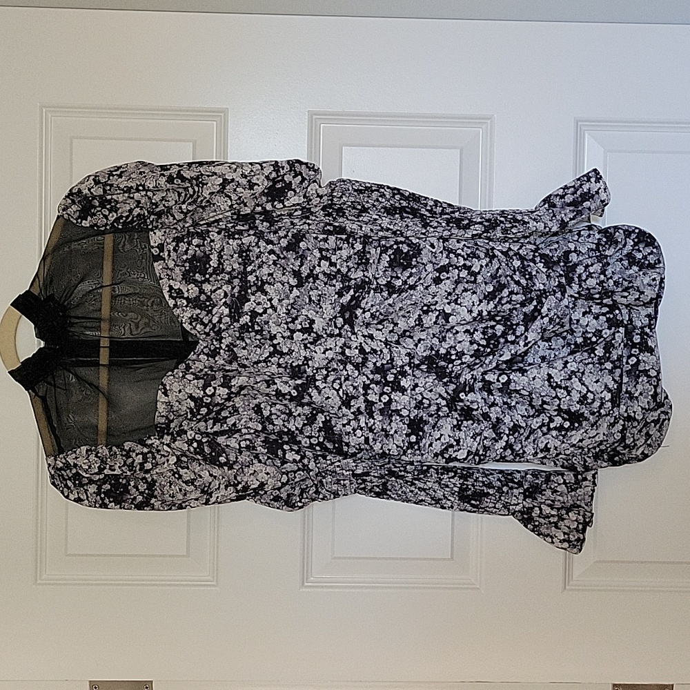 In the style blue floral mini dress with long sleeves and mesh at top. Size 10.